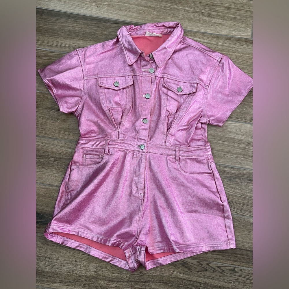 Peach Love Space Cowgirl Pink Metallic High Waist Romper Shorts